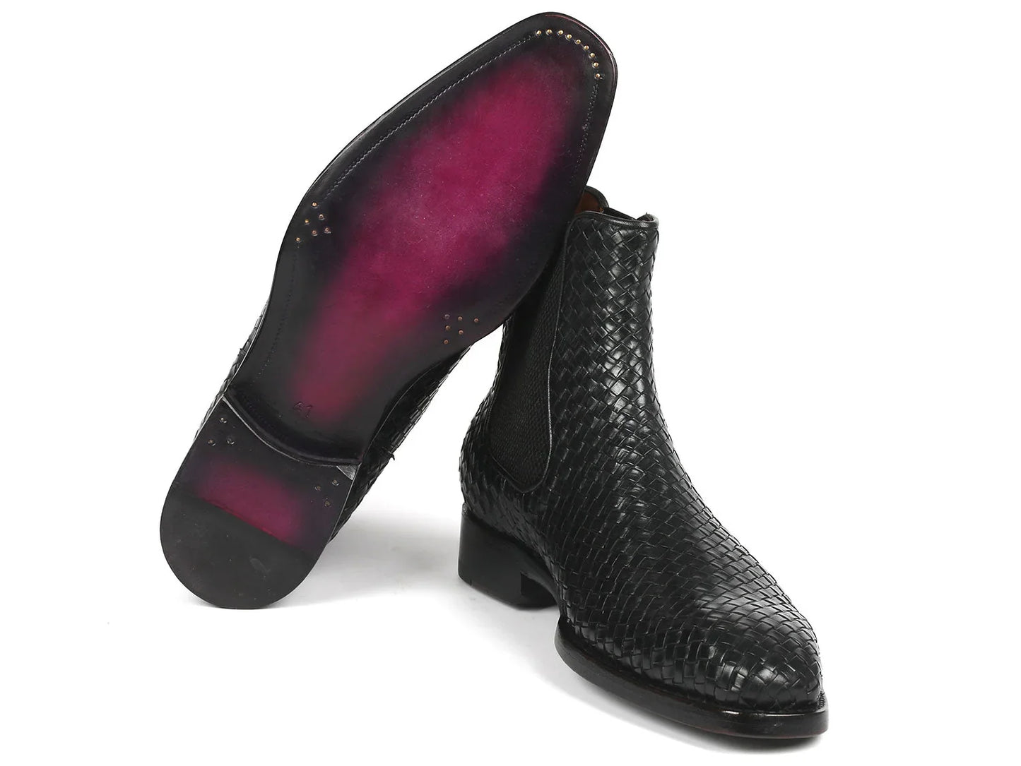 Paul Parkman Black Woven Leather Chelsea Boots (ID#92WN87-BLK) - Which Mark