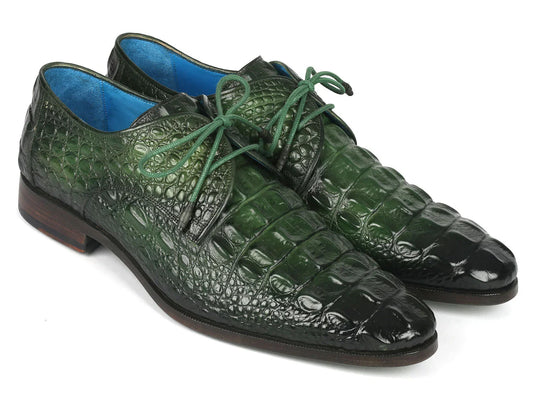 Paul Parkman Men's Green Croco Textured Leather Derby Shoes - Which Mark