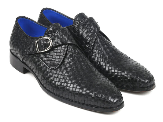 Paul Parkman Black Woven Leather Single Monkstraps (ID#011WN95) - Which Mark