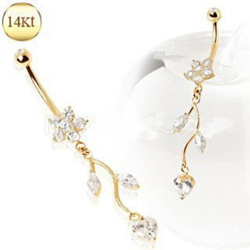 14Kt Yellow Gold Navel Ring with Flower & Vine - Which Mark