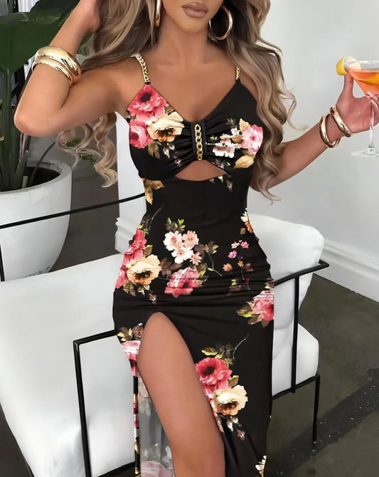 Women's Clothing Split Spaghetti-strap Floral Print Dress - Which Mark