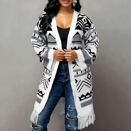 Ladies Tassel Hem Jacquard Cardigan Sweater - Which Mark