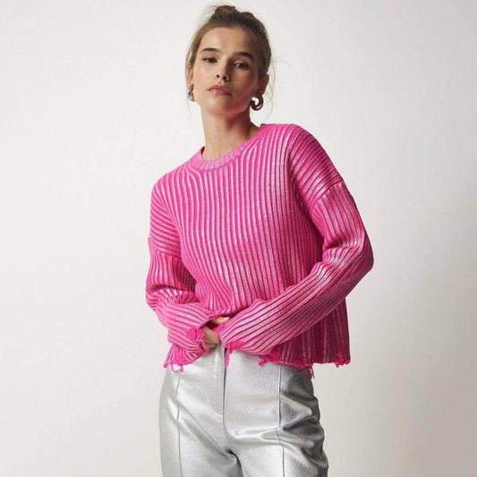 Women's Ragged Design Short Sweater Knitwear Top - Which Mark