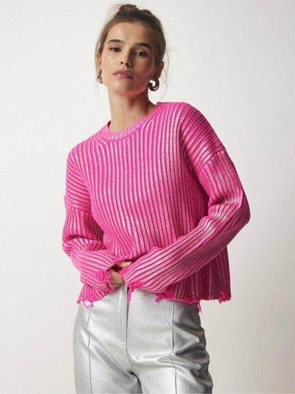 Women's Ragged Design Short Sweater Knitwear Top - Which Mark