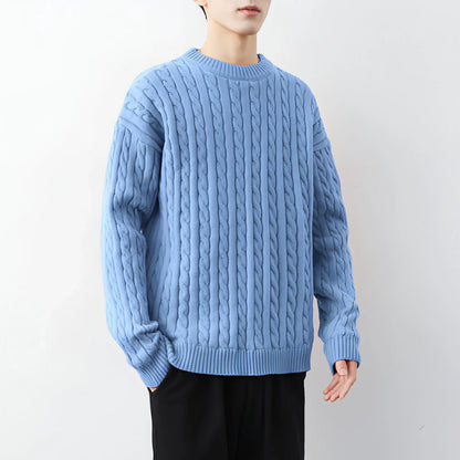 Men's Thick Solid Color Loose Round Neck Twisted Twisted Sweater - Which Mark