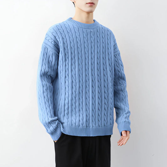 Men's Thick Solid Color Loose Round Neck Twisted Twisted Sweater - Which Mark