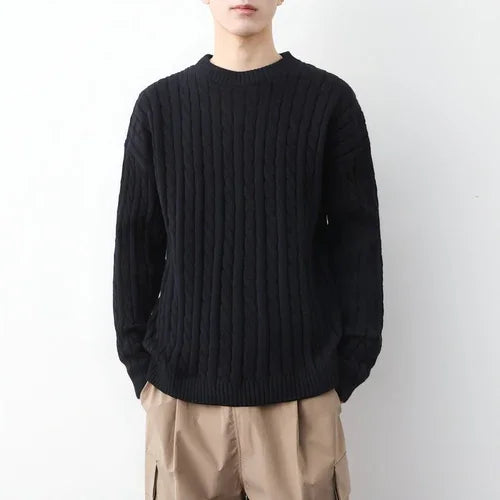 Men's Thick Solid Color Loose Round Neck Twisted Twisted Sweater - Which Mark