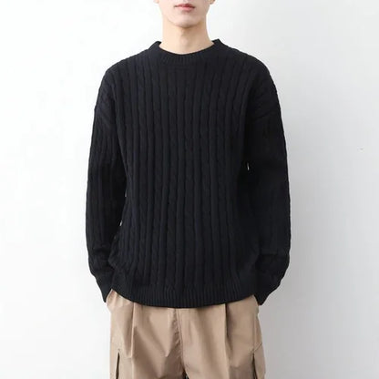 Men's Thick Solid Color Loose Round Neck Twisted Twisted Sweater - Which Mark