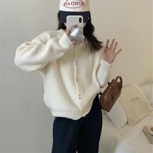 Korean Style Women's Long Sleeve Sweater Coat - Which Mark