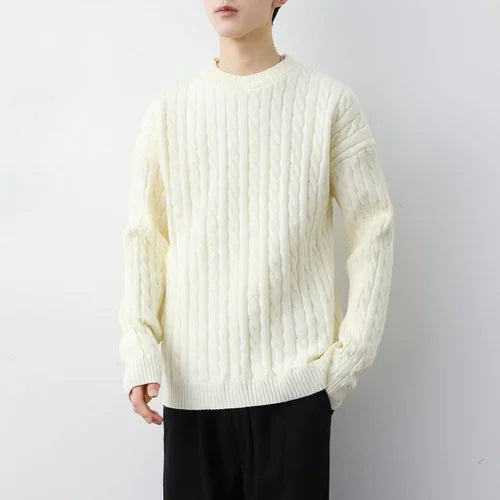 Men's Thick Solid Color Loose Round Neck Twisted Twisted Sweater - Which Mark