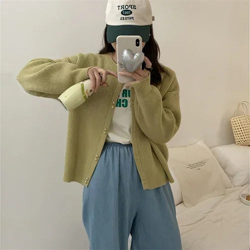 Korean Style Women's Long Sleeve Sweater Coat - Which Mark