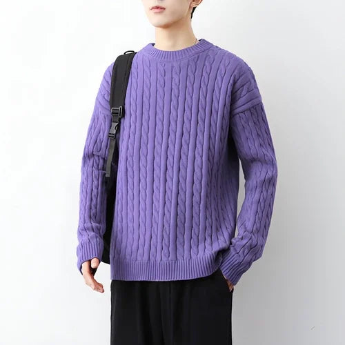 Men's Thick Solid Color Loose Round Neck Twisted Twisted Sweater - Which Mark