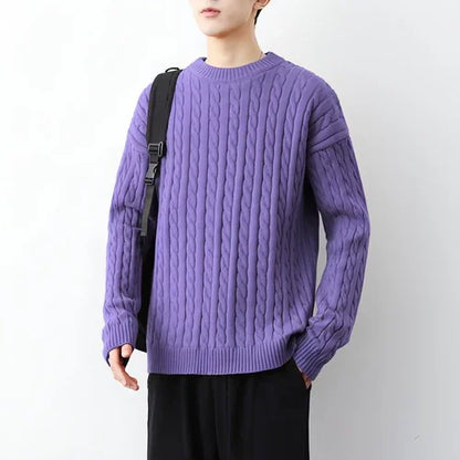 Men's Thick Solid Color Loose Round Neck Twisted Twisted Sweater - Which Mark