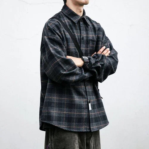 Autumn Winter Retro Sanding Padded Plaid DressShirt Men - Which Mark