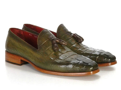 Paul Parkman Men's Green Crocodile Embossed Calfskin Tassel Loafer - Which Mark