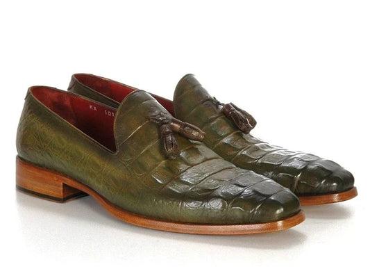 Paul Parkman Men's Green Crocodile Embossed Calfskin Tassel Loafer - Which Mark