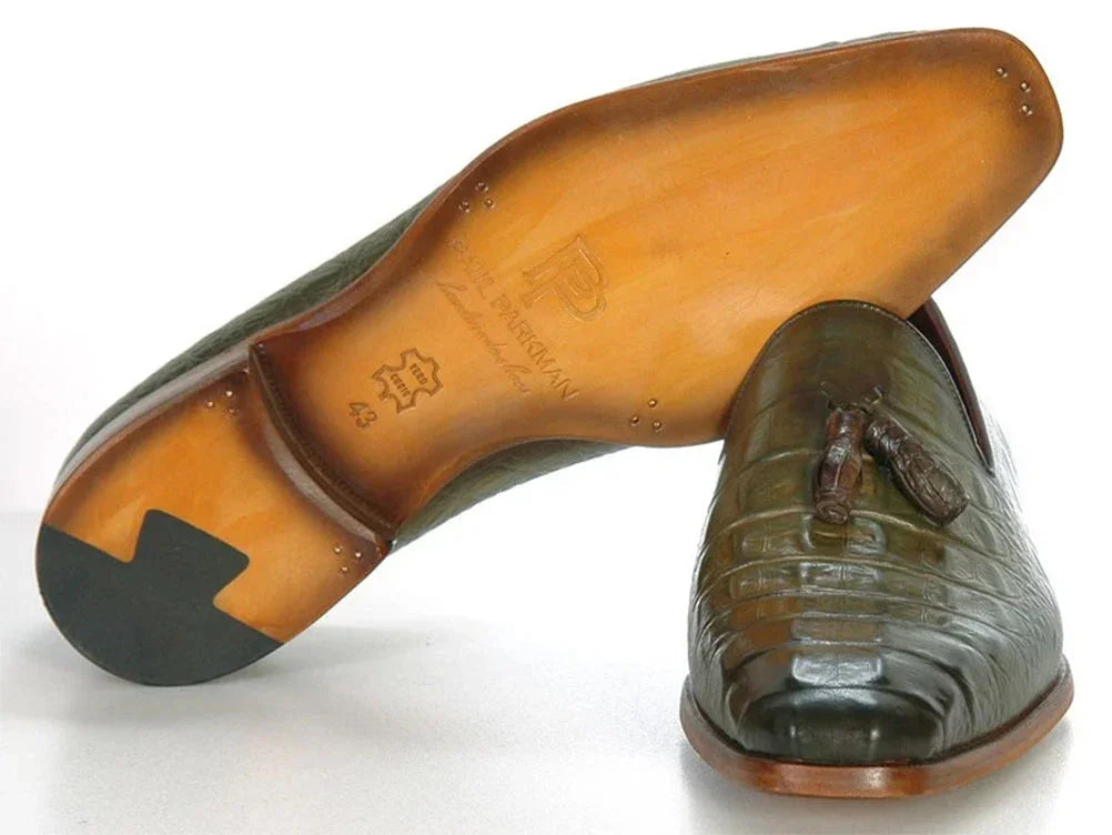 Paul Parkman Men's Green Crocodile Embossed Calfskin Tassel Loafer - Which Mark