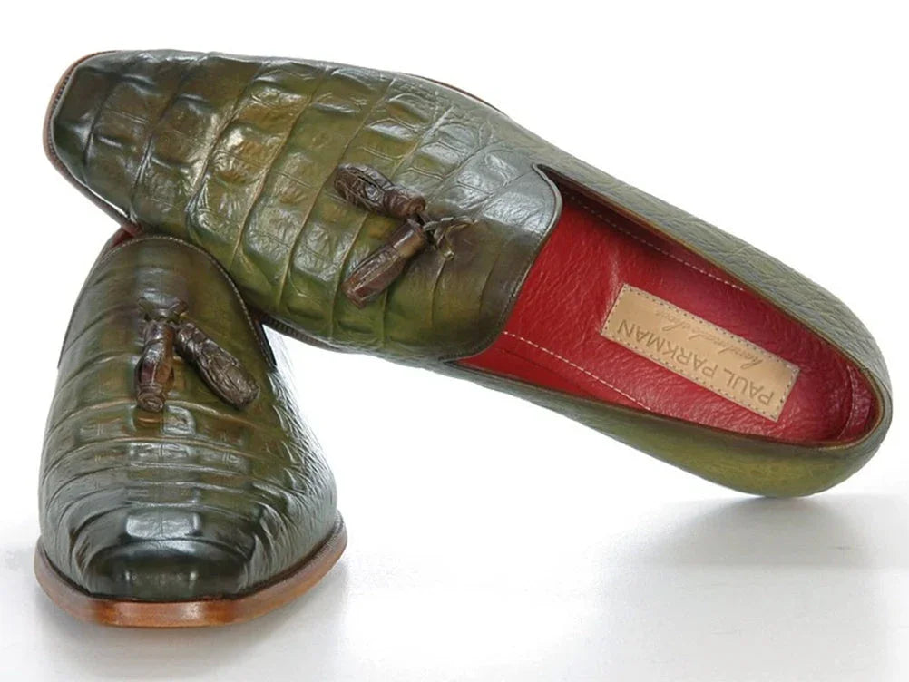 Paul Parkman Men's Green Crocodile Embossed Calfskin Tassel Loafer - Which Mark