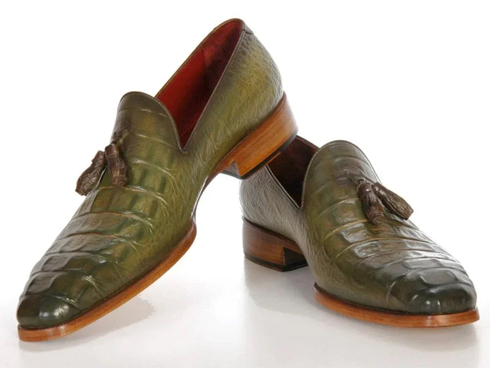 Paul Parkman Men's Green Crocodile Embossed Calfskin Tassel Loafer - Which Mark