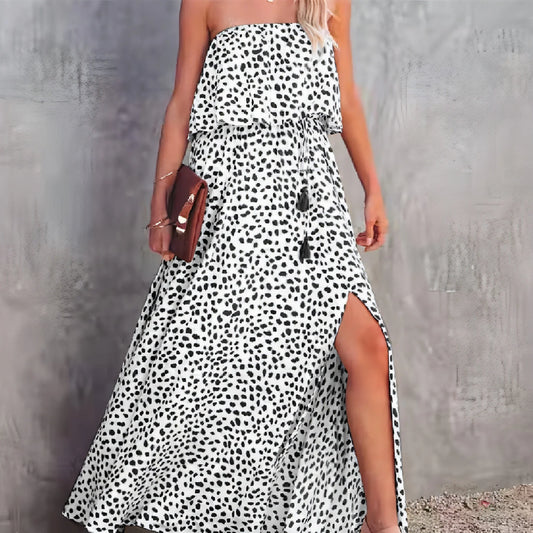 Leopard Print Floral-print Off-shoulder Ruffled Slit Dress - Which Mark