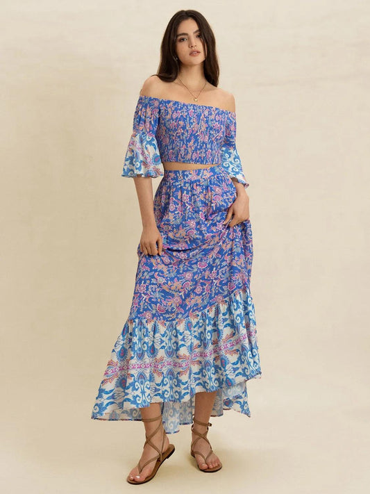 Smocked Off-Shoulder Printed Top and Skirt Set - Which Mark