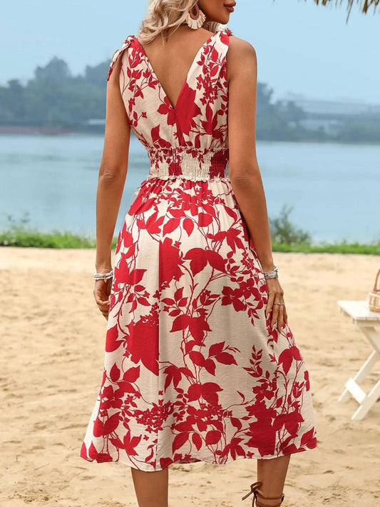 Perfee Smocked Printed Surplice Midi Dress - Which Mark