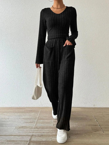 Ribbed V-Neck Long Sleeve Top and Pocketed Pants Set - Which Mark