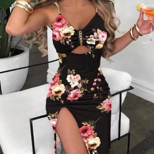 Women's Clothing Split Spaghetti-strap Floral Print Dress - Which Mark