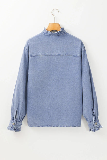 Beau Blue Ruffled Long Sleeve Buttoned Denim Shirt - Which Mark