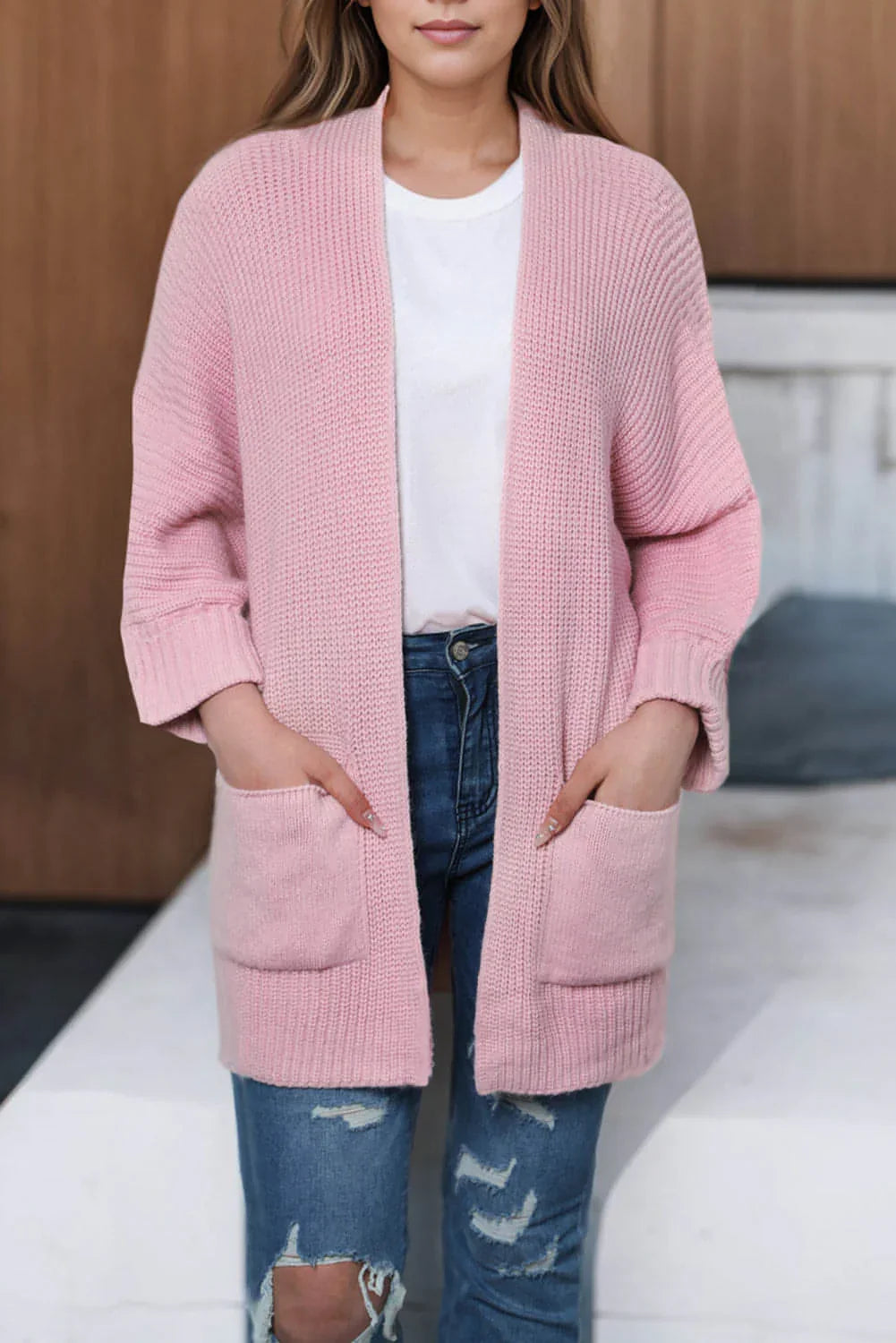 Pink Oversized Fold Over Sleeve Open Front Cardigan. - Which Mark