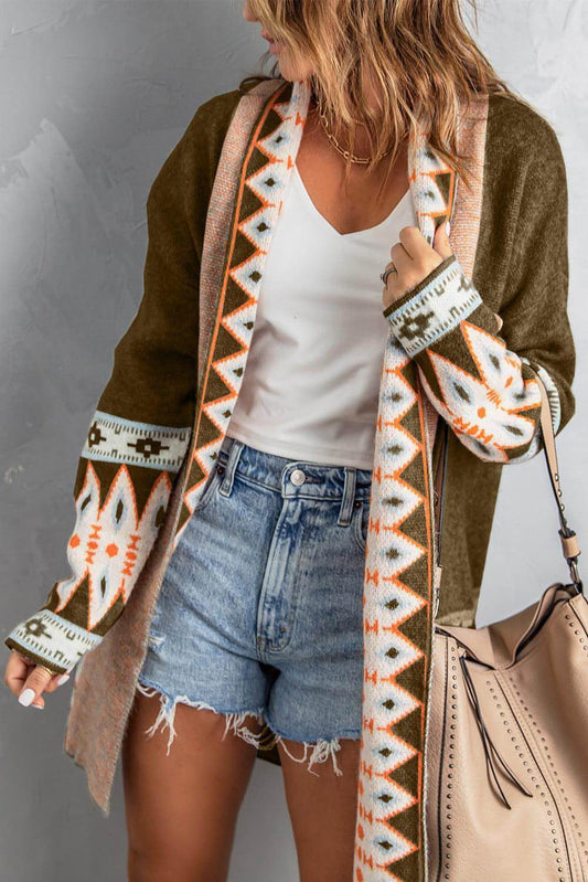 Brown Aztec Print Open Front Knitted Cardigan - Which Mark