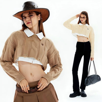 Short Long Sleeve Lazy Wind Pullover Knit Sweater Spice Girl Crew Neck - Which Mark