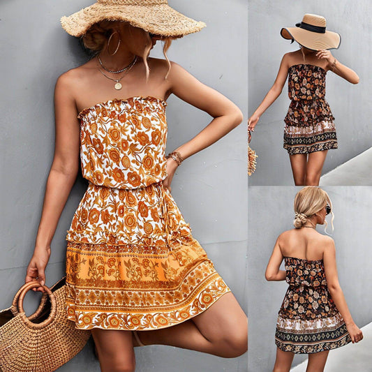 Women's Bohemian Floral Print Strapless Dress Summer Beach Dress - Which Mark