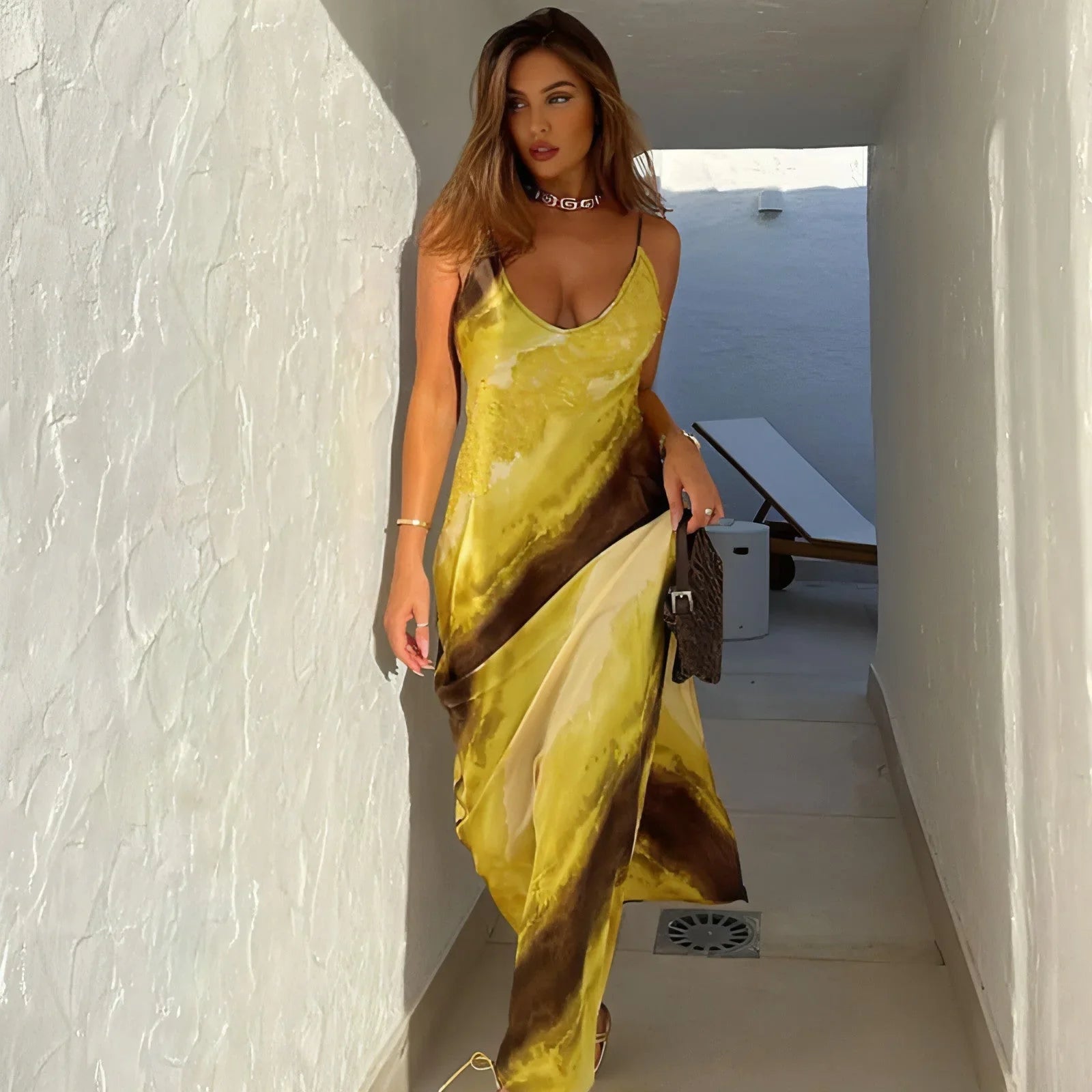 Women's Fashion Printed V-neck Backless Slit Sling Dress - Which Mark