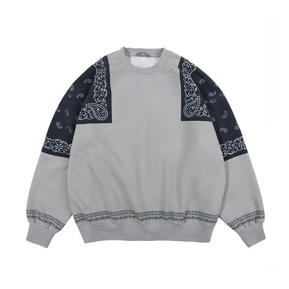 Retro Paisley Stitching Fleece-lined Crew Neck Sweater - Which Mark
