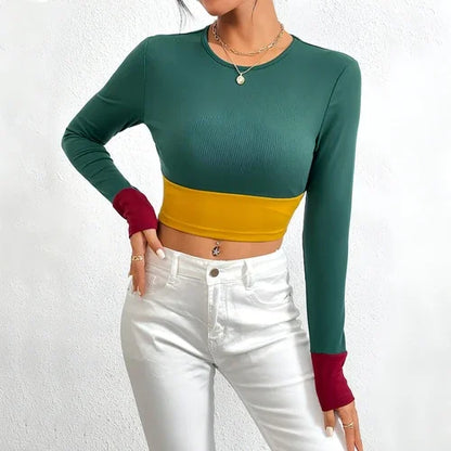 Slim Fit O-neck Short Stitching Long Sleeve T-shirt Women - Which Mark