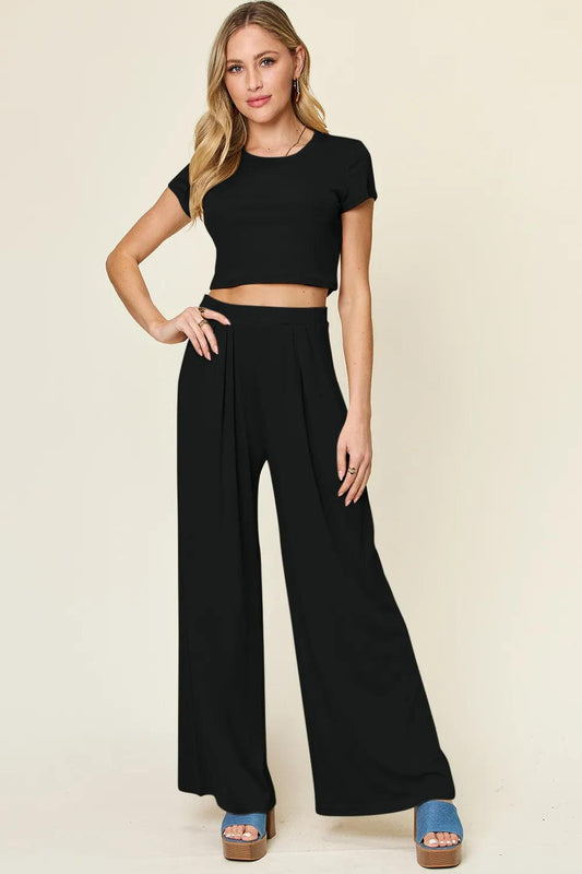 Double Take Full Size Round Neck Top and Pants Set - Which Mark