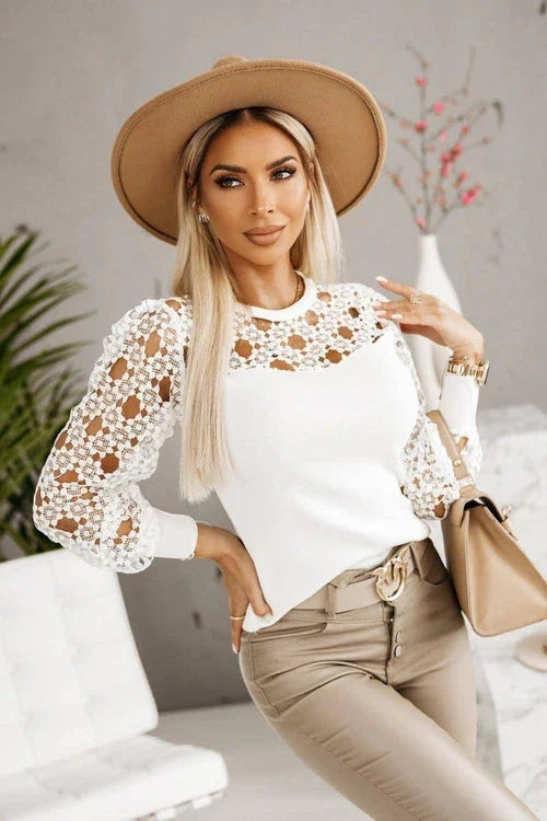 Hollow Out Elegance – Lace Patchwork Long Sleeve T-Shirt | 25 Edition - Which Mark