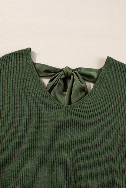 Jungle Green Lantern Sleeve V Neck Knot Back Sweater - Which Mark