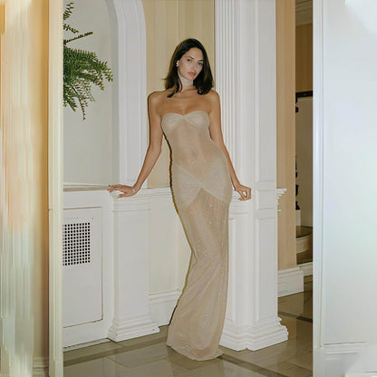 Lightly Chest-wrapped Sequins Slightly Transparent Fishtail Gown Dress - Which Mark