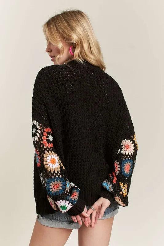 ADORA Full Size Contrast Crochet Open Front Long Sleeve Cardigan Plus Size - Which Mark