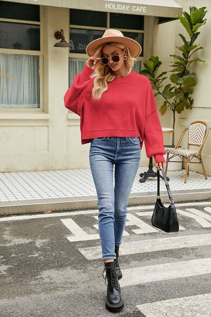 Loose Cropped Pullover Fashion Long Sleeve Round Neck Sweater - Which Mark