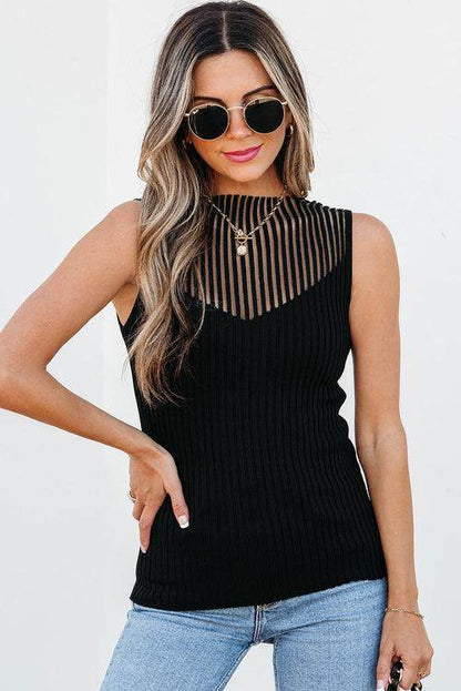 Black Ribbed Texture Mesh Cutout Knitted Sweater Vest - Which Mark