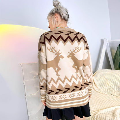 Round Neck Pullover Elk Style Women's Knitted Sweater Women - Which Mark