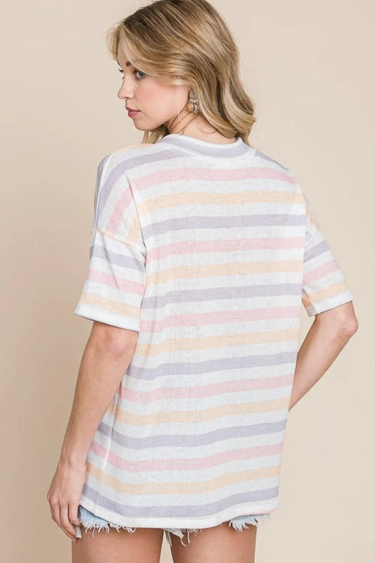 BOMBOM Striped V-Neck Short Sleeve T-Shirt - Which Mark
