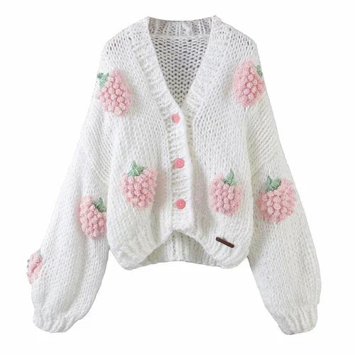 Handmade Crochet Cardigan Sweater Women Fruit Jacquard Embroidery - Which Mark