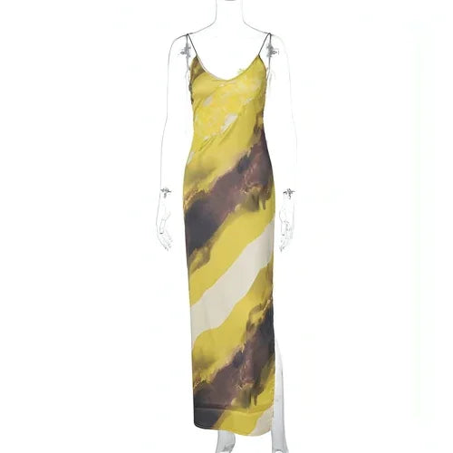 Women's Fashion Printed V-neck Backless Slit Sling Dress - Which Mark