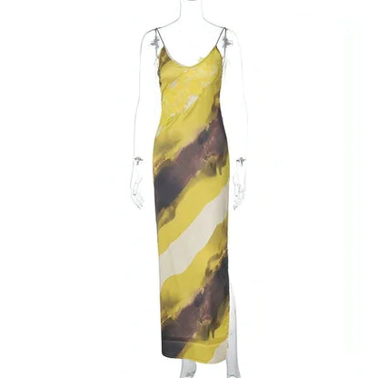 Women's Fashion Printed V-neck Backless Slit Sling Dress - Which Mark