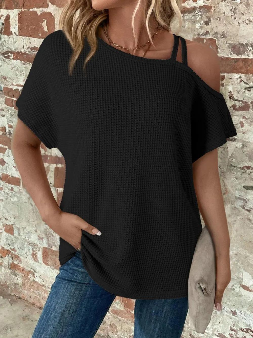 Asymmetrical Neck Short Sleeve T-Shirt - Which Mark