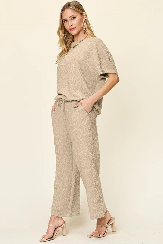 Double Take Full Size Texture Short Sleeve Top and Pants Set - Which Mark